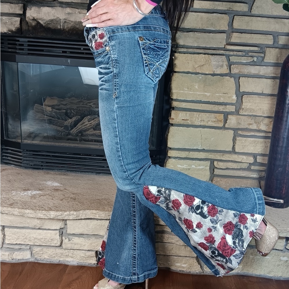 Upcycled, Wallflower Size 3 Flared Jeans Handmade Roses & Skulls Jeweled Lace - Picture 3 of 15